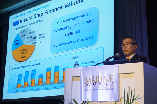 Mr. Yanghyun Lim, Executive Director of K-sure Investment and Finance Division, speaks about K-sure’s policy direction on LNG vessel support at the 11th Korea Ship Finance Forum held on Wednesday, November 1 in Busan.